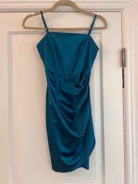 NEW Honey and Rosie Teal Satin Spaghetti-Strap Mini Dress